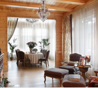 Curtains in a cottage living room with a fireplace 20206010
